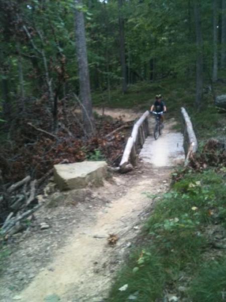 A person riding a bicycle on a dirt trail in a forested area, crossing a wooden bridge. Surrounding the path are tall trees and underbrush, creating a natural setting. Brown County Park mountain bike trail.