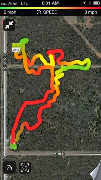 A mobile app screenshot displaying a colorful activity tracking map. The route is represented by a winding path in various colors, indicating speed or intensity, overlaying a green and brown landscape with roads labeled "SportsRd" and "Amco." The time display shows 8:01 AM, and speed readings of 2 mph and 8 mph are indicated. Lake Stanley Draper mountain bike trail.