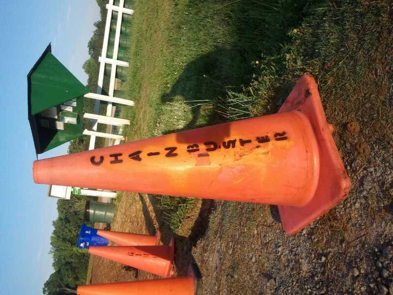 Several orange traffic cones are arranged on a grassy area, with a green structure and a white fence in the background. One of the cones has the markings "CHAIN" and "2" visible. The scene is set under a clear blue sky. Georgia International Horse Park mountain bike trail.