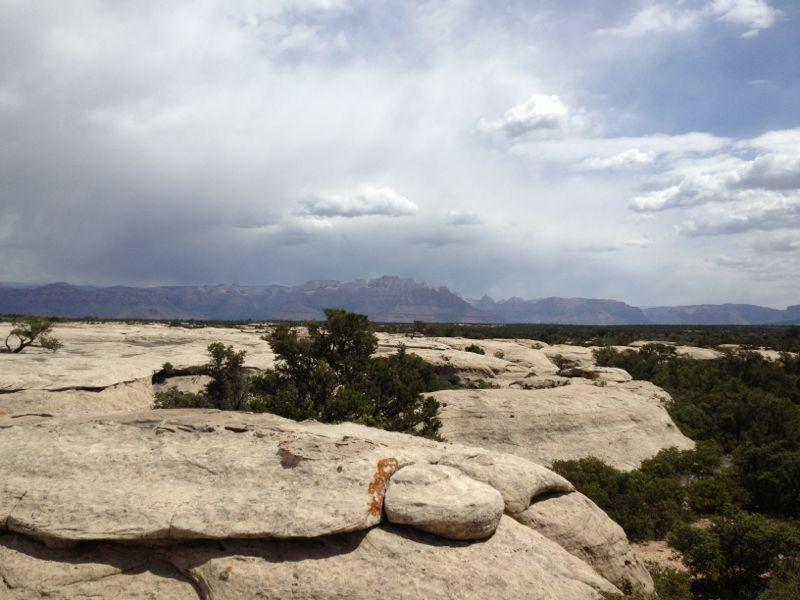 A rocky landscape under a cloudy sky, featuring flat, textured stone formations and scattered greenery, with distant mountains visible in the background. Gooseberry Mesa mountain bike trail.