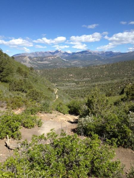 A scenic view of a mountainous landscape, featuring rolling hills covered in greenery and a dirt path winding through the valley. The mountains in the background display a mix of rocky peaks and slopes, under a bright blue sky filled with fluffy white clouds. Horse Gulch mountain bike trail.