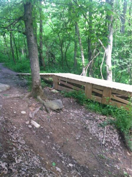 A wooden boardwalk curved along a wooded path, surrounded by lush green foliage and trees. The boardwalk provides a pathway over the uneven terrain, leading deeper into the forest. Alum Creek Phase II mountain bike trail.