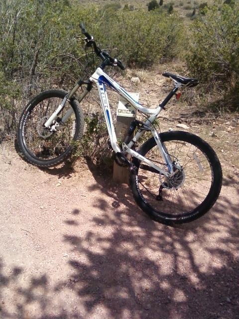 A mountain bike propped against a wooden post on a dirt trail, surrounded by vegetation and small shrubs. The bike features a blue and white color scheme and stands on a sunlit path. Garden of the Gods: Ute Trail mountain bike trail.