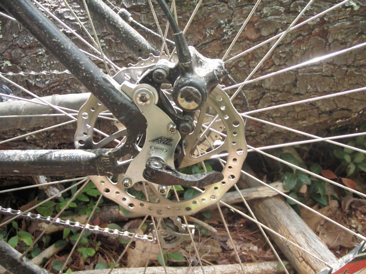 Giant Iguana: Close-up view of a bicycle's rear disc brake and chain, partially obscured by dirt and debris, with a log and greenery in the background.