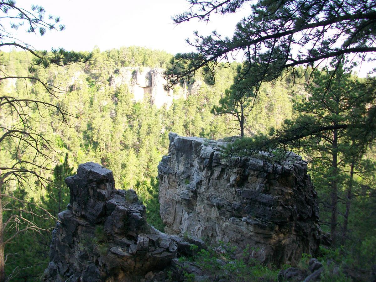 A rocky outcrop surrounded by lush green trees, showcasing towering cliffs in the background and a clear sky above. The sunlight filters through the foliage, creating a serene natural landscape. Victoria's Secret mountain bike trail.