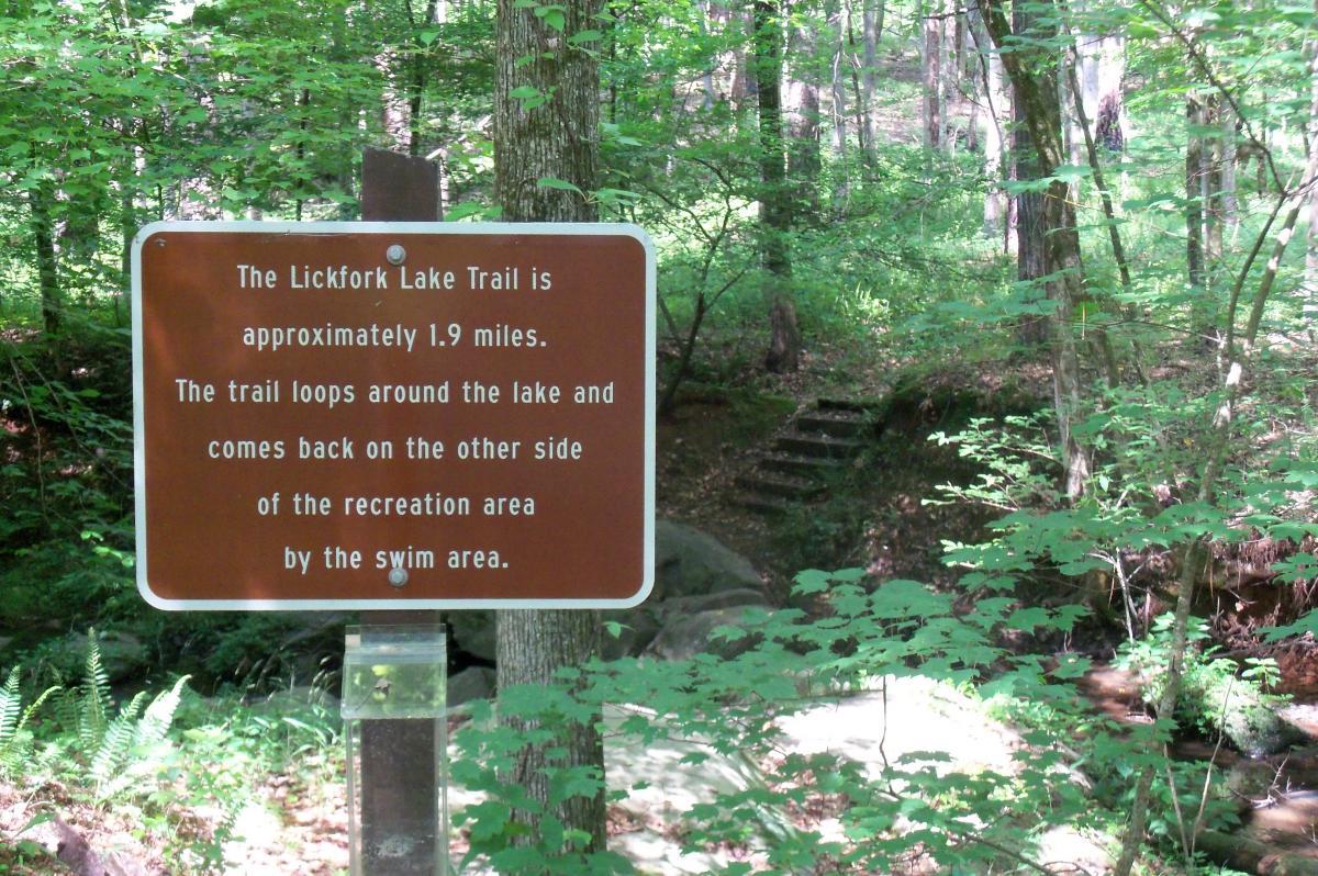A wooden sign in a wooded area describing the Lickfork Lake Trail. The sign indicates that the trail is approximately 1.9 miles long, loops around the lake, and returns to the recreation area by the swimming area. Lush greenery and trees surround the sign, creating a natural setting. Lick Fork (Horn Creek) mountain bike trail.