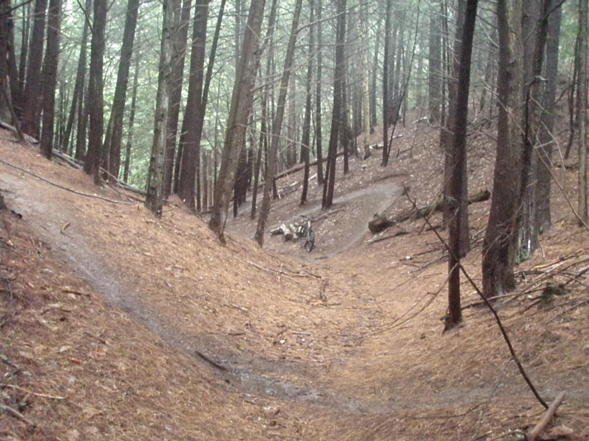 A winding dirt path through a wooded area, surrounded by tall trees. The forest floor is covered with fallen pine needles, and the scene is slightly misty, suggesting a serene, tranquil atmosphere. A bicycle can be seen off to the side of the trail. Franklin Falls mountain bike trail.