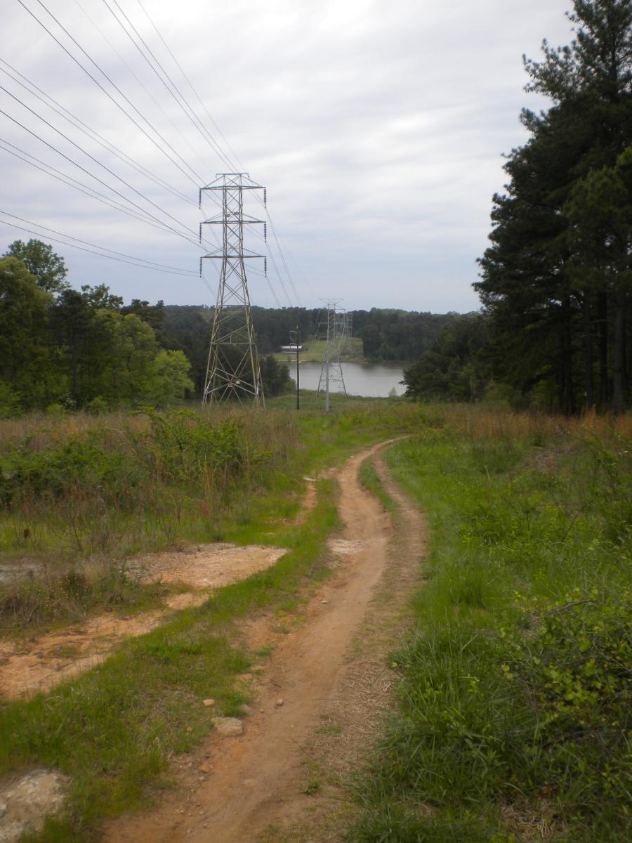 A dirt path leading through a grassy area with power lines overhead, overlooking a calm body of water and surrounded by trees under a cloudy sky. Fort Yargo State Park mountain bike trail.