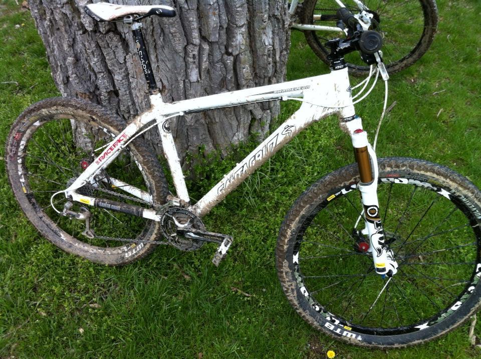 Santa Cruz Chameleon: A white mountain bike with muddy tires leaning against a tree, resting on grass. The bike features a front suspension fork and various components branded with logos.