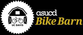 Logo for the ASUCD Bike Barn at UC Davis, featuring a stylized barn with a bicycle and surrounded by a gear design. The text "ASUCD" is in lowercase letters, with "Bike Barn" in a prominent gold font.