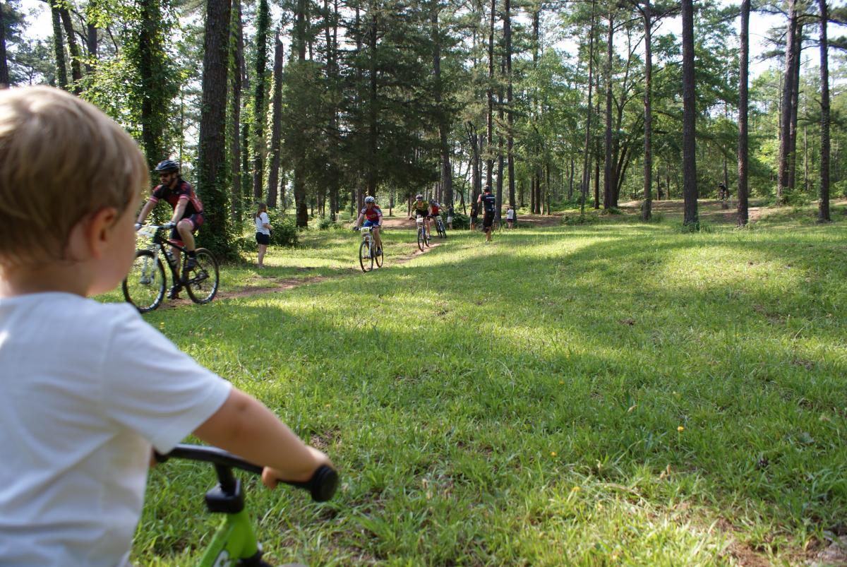 A child sits on a small bike in the foreground while several cyclists ride along a grassy path in a wooded area. The scene is sunny, with tall trees surrounding the trail and a few people walking nearby. Flat Rock Park mountain bike trail.