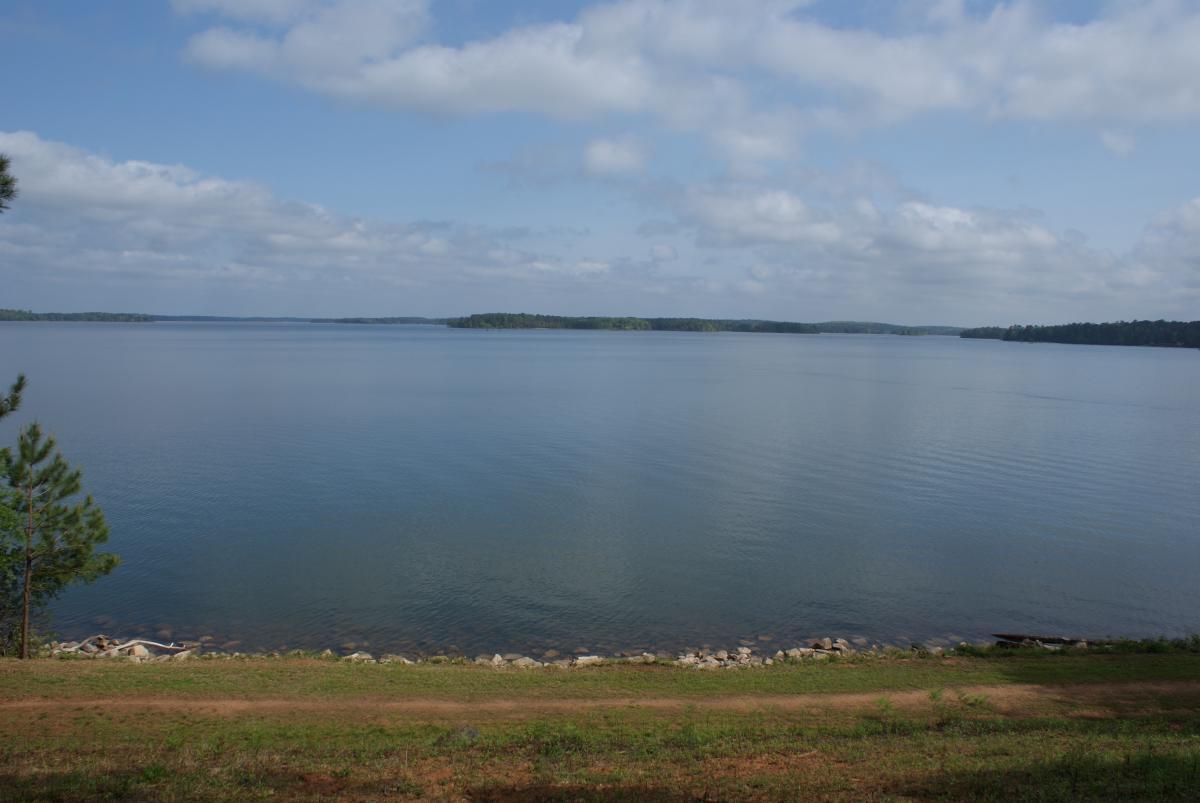 A serene view of a calm lake bordered by green grass and stones, under a partly cloudy sky. The water reflects the clouds and surrounding trees, creating a tranquil atmosphere. Lakeside Trail mountain bike trail.