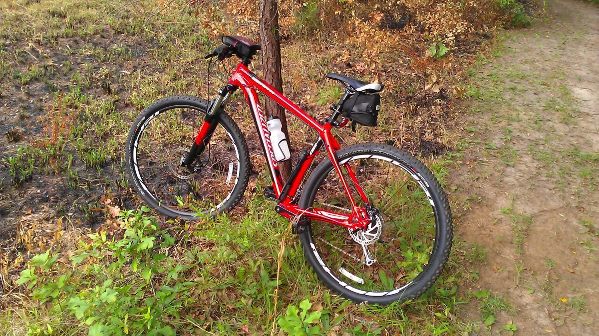 Specialized Rockhopper: A red mountain bike leaning against a tree, surrounded by green grass and patches of burned ground. The bike has a water bottle attached and a small black bag on the frame. A dirt path can be seen in the background.