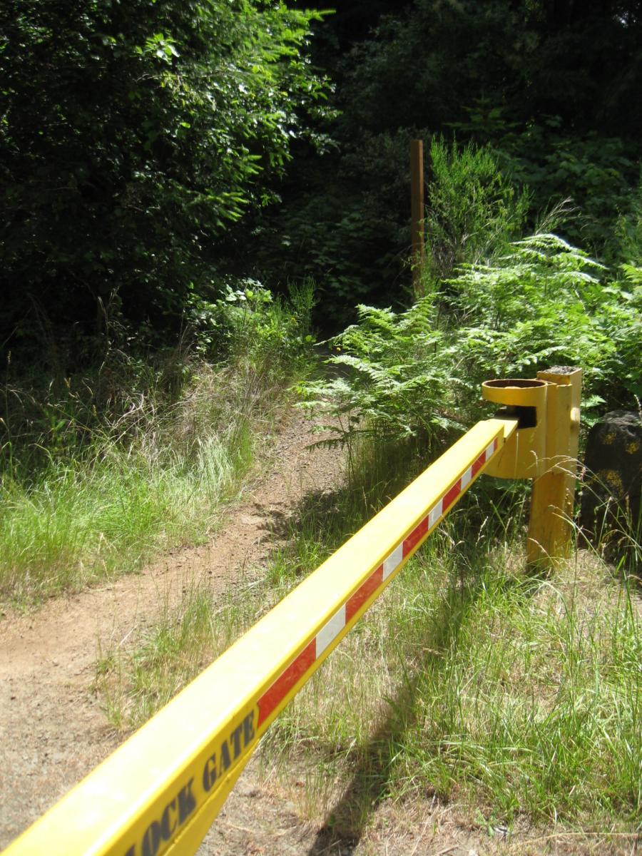 A yellow barricade with a "BLOCK GATE" sign restricts access to a narrow trail surrounded by tall grass and dense greenery, indicating a path leading into a wooded area. Whypass mountain bike trail.
