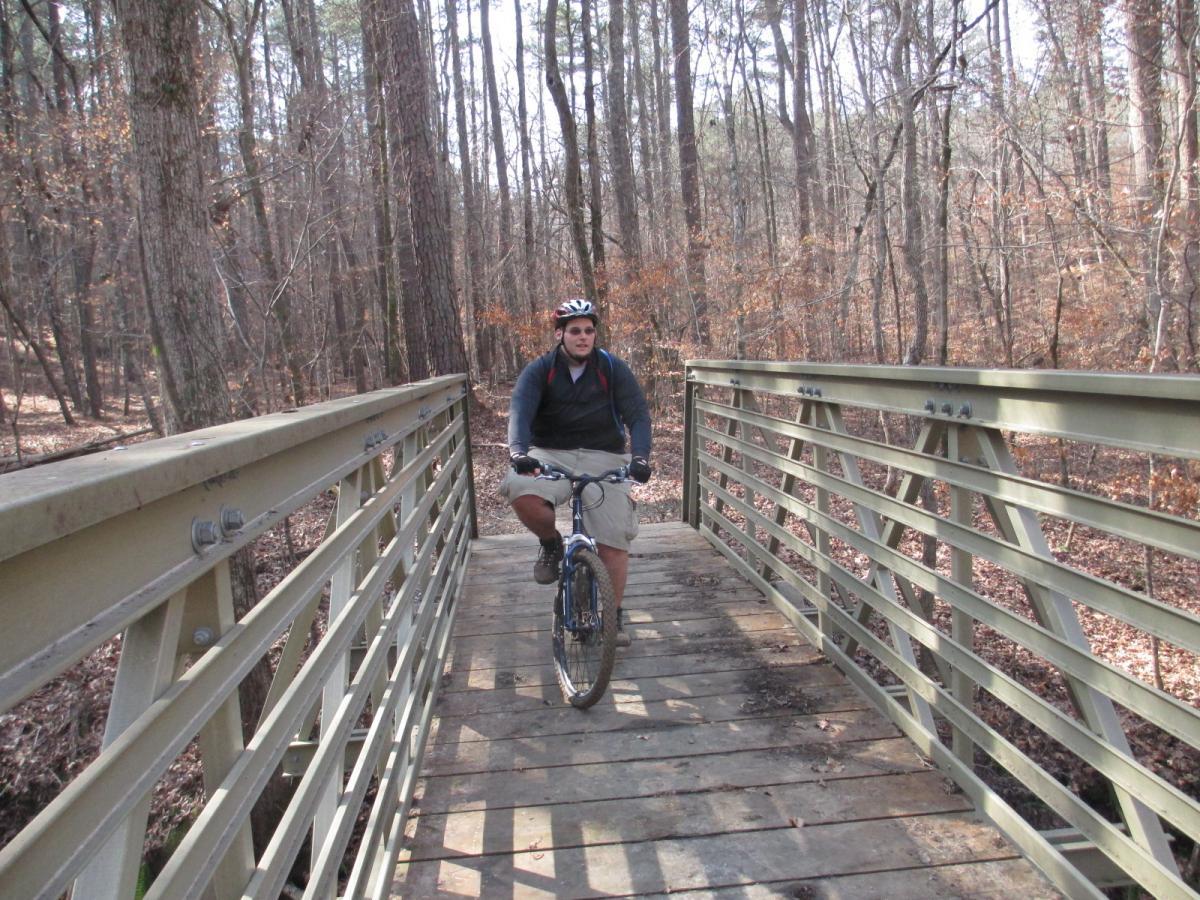 A person riding a mountain bike on a wooden bridge surrounded by trees in a wooded area during the fall, with brown leaves on the ground and a serene atmosphere. Buncombe - Brickhouse Recreation Area mountain bike trail.