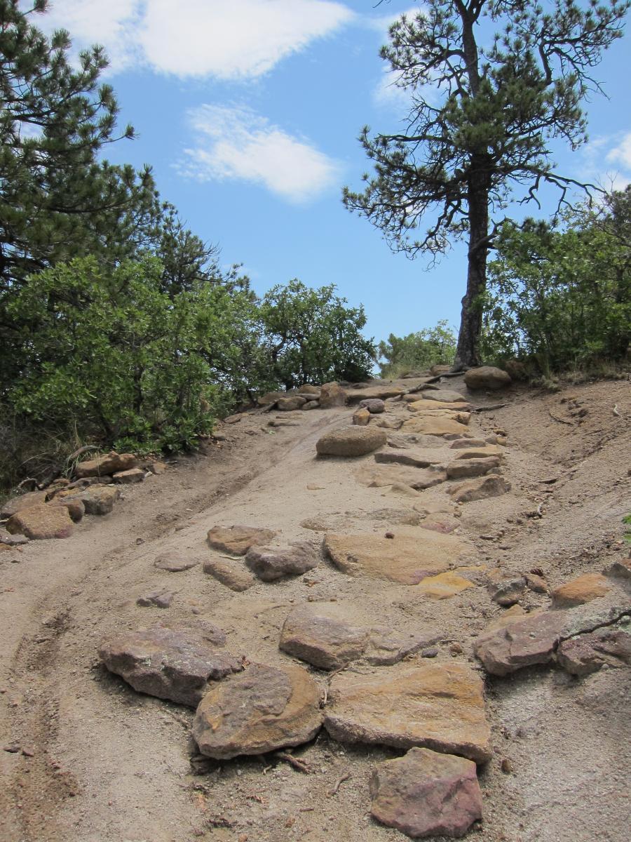 A winding dirt trail leading through a wooded area, with scattered rocks lining the path. The sky is partly cloudy, and tall evergreen trees and shrubs are visible along the sides of the trail. Palmer Park mountain bike trail.