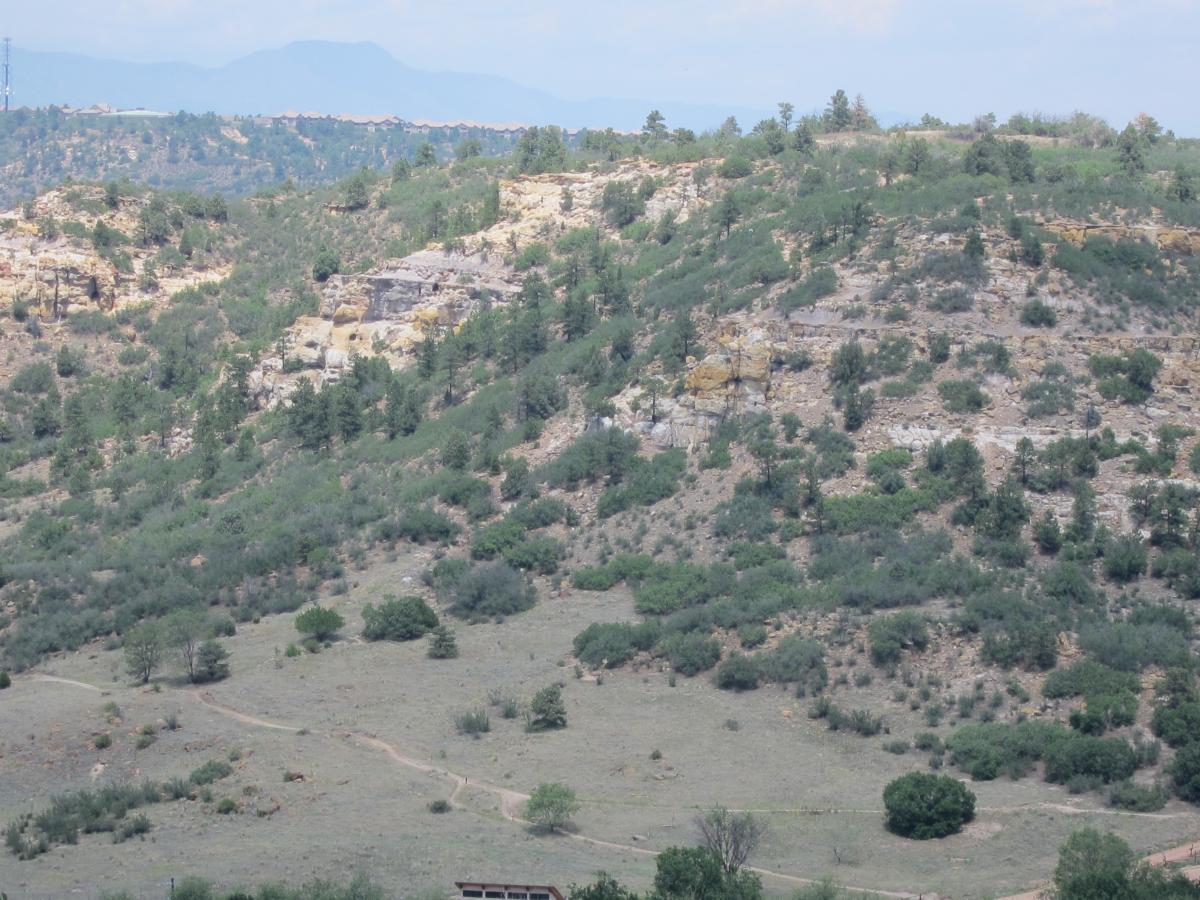 A scenic view of rolling hills covered in green vegetation and scattered trees under a partly cloudy sky, with rocky outcrops visible in the foreground and distant mountains in the background. A dirt path winds through the landscape, suggesting a natural area ideal for hiking or exploration. Palmer Park mountain bike trail.