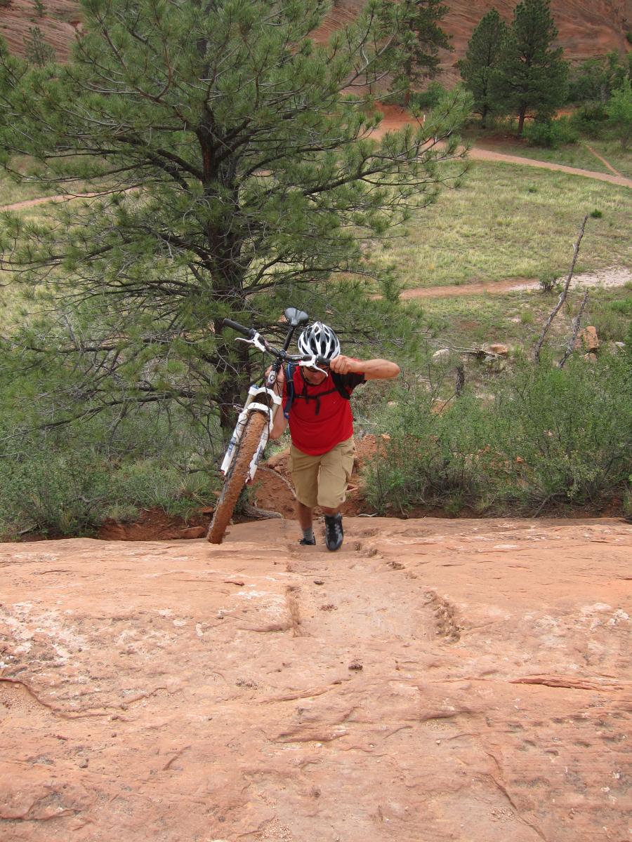 A person in a red shirt and beige shorts is walking uphill while carrying a mountain bike. The scene features rocky terrain with a few shrubs and a tree in the background, set against a green landscape with distant trees. Red Rock Canyon mountain bike trail.
