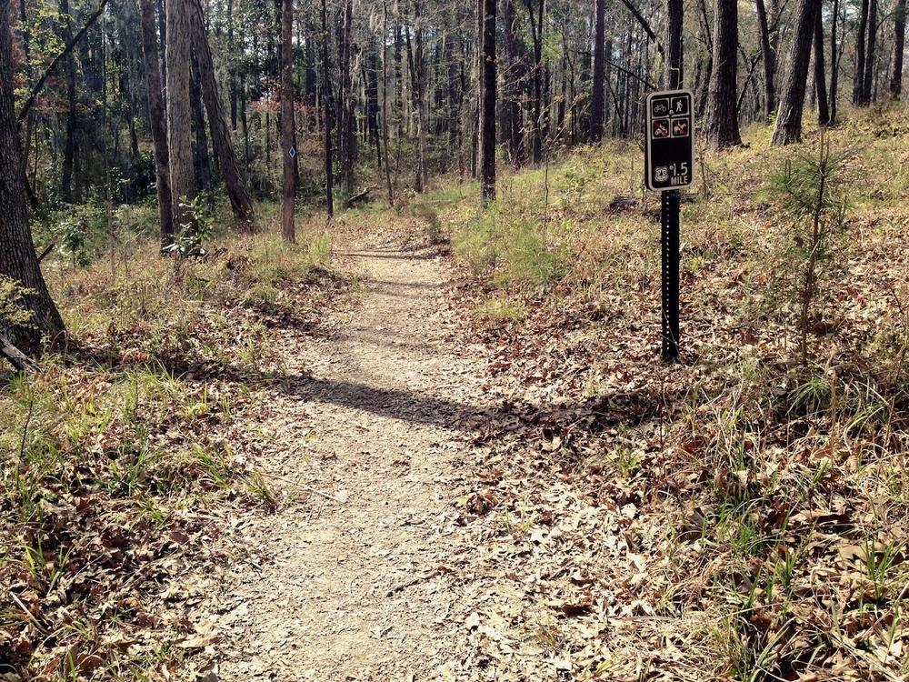 A winding dirt path through a wooded area, surrounded by trees and grass, with a sign indicating the trail length of 1.5 miles and symbols for trail activities such as biking and hiking. Dry leaves cover the ground along the sides of the path. Kincaid Lakeshore Trail mountain bike trail.