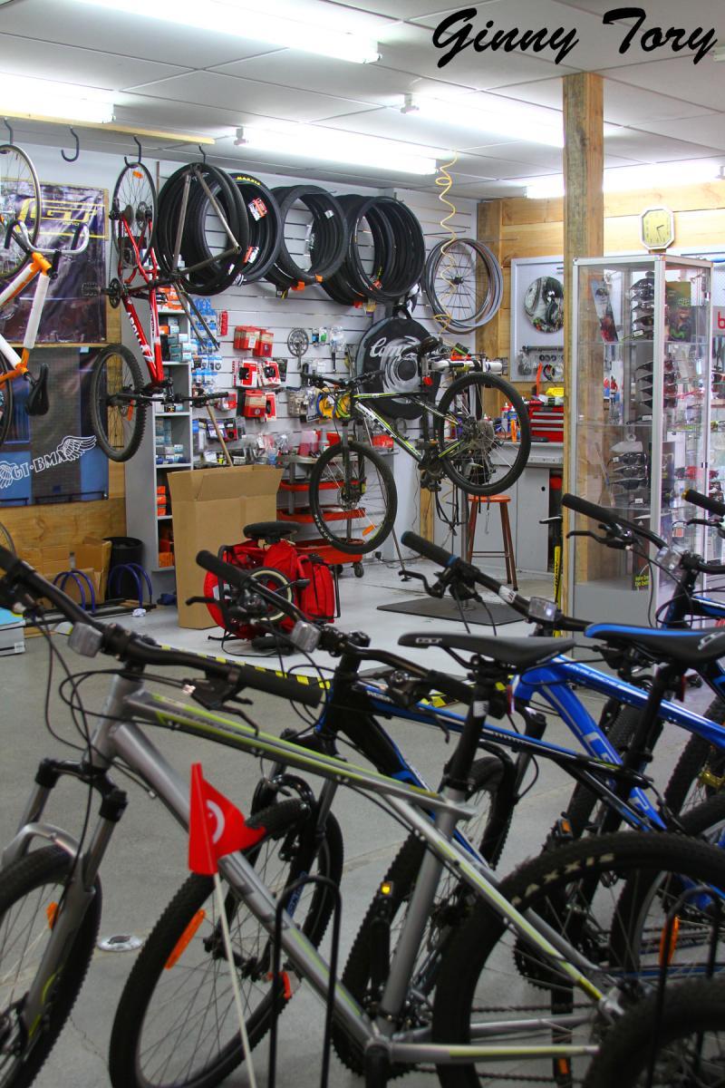 A bicycle shop interior featuring various bicycles for sale, including mountain bikes. In the background, there are racks displaying bike tires and an assortment of cycling accessories. A glass display case is visible showcasing additional biking equipment, while cardboard boxes and tool kits are scattered around the shop. The setting is well-lit and organized, creating a welcoming atmosphere for cycling enthusiasts.