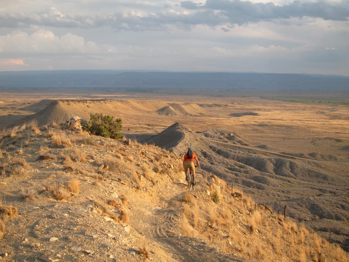 A mountain biker rides along a rugged trail on a hillside, overlooking a vast, arid landscape with rolling hills and sparse vegetation. The scene is bathed in warm evening light, with clouds scattered across the sky. Zippety Do Dah mountain bike trail.