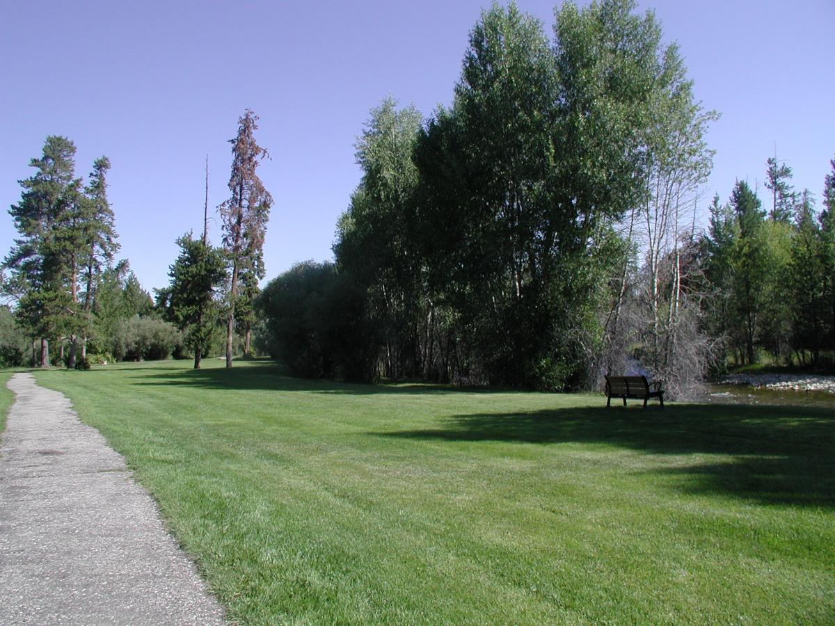 A scenic park path lined with grass, leading to a small bench surrounded by trees and a stream. The sky is clear and blue, creating a peaceful outdoor atmosphere. American Legion Park mountain bike trail.