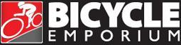 Logo of "Bicycle Emporium," featuring a stylized bicycle graphic alongside the text. The design incorporates a red and black color scheme.