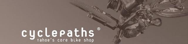 Logo of Cyclepaths, a bike shop in Tahoe, featuring a mountain bike and rider performing a trick against a neutral background. The text reads "cyclepaths" and "Tahoe