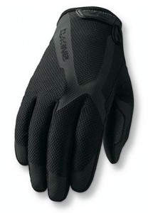 A single black glove with a textured surface, designed for grip and dexterity, featuring a logo on the wrist area.