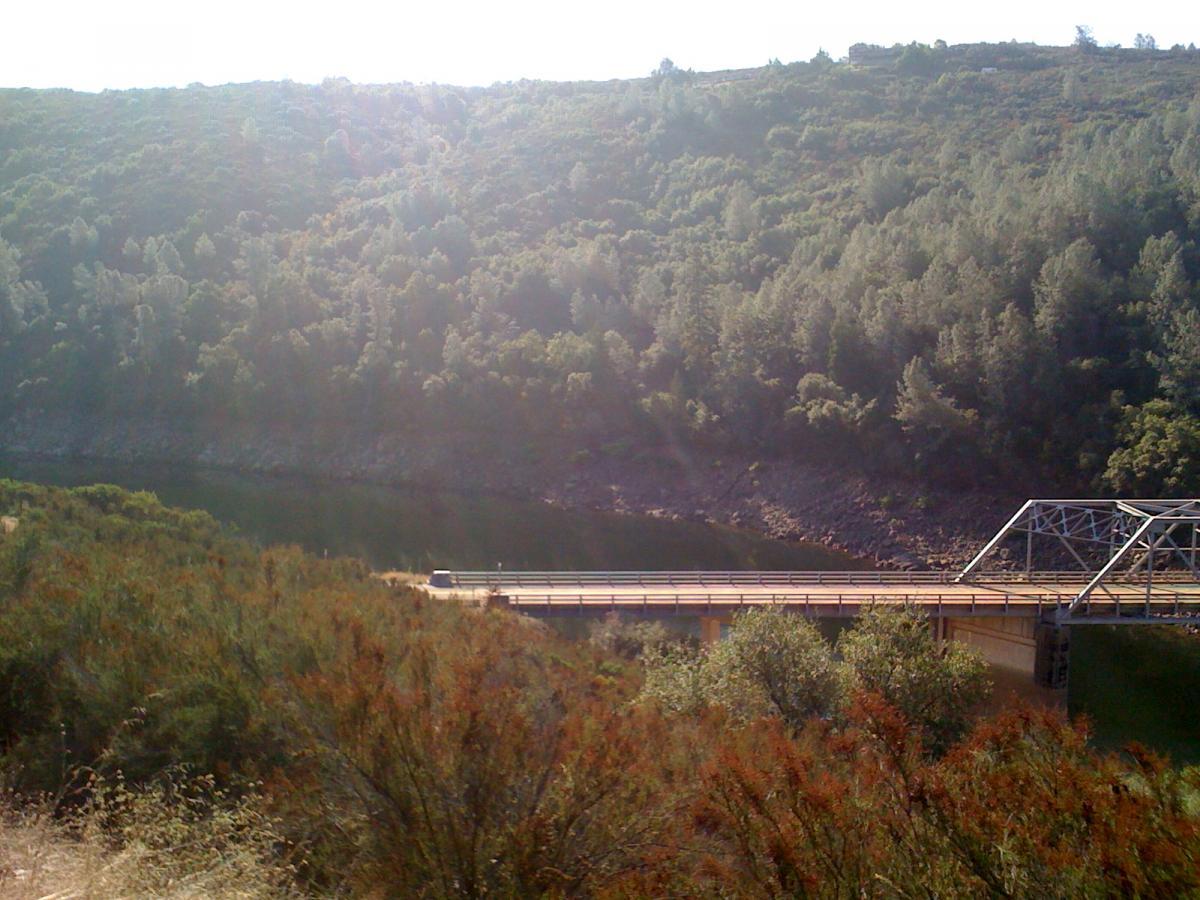 A scenic view of a riverbank surrounded by lush greenery, with a bridge spanning across the water. The sunlight casts a warm glow over the landscape, highlighting the trees on the hills in the background and the calm surface of the river. Sweetwater Trail mountain bike trail.