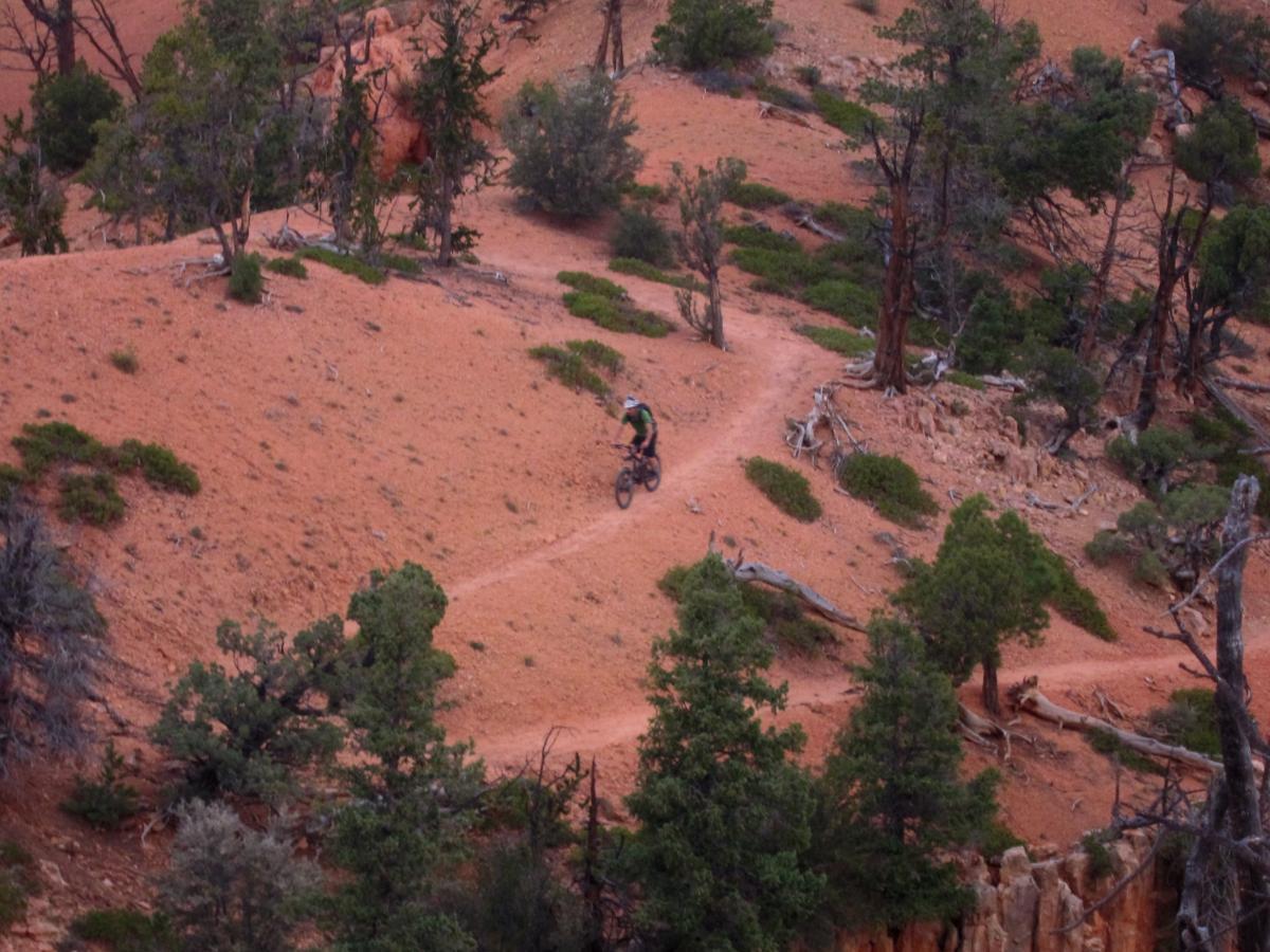 A mountain biker rides along a winding dirt trail in a landscape featuring orange soil, sparse vegetation, and scattered trees. The scene captures the natural beauty and rugged terrain of a canyon area. Thunder Mountain mountain bike trail.