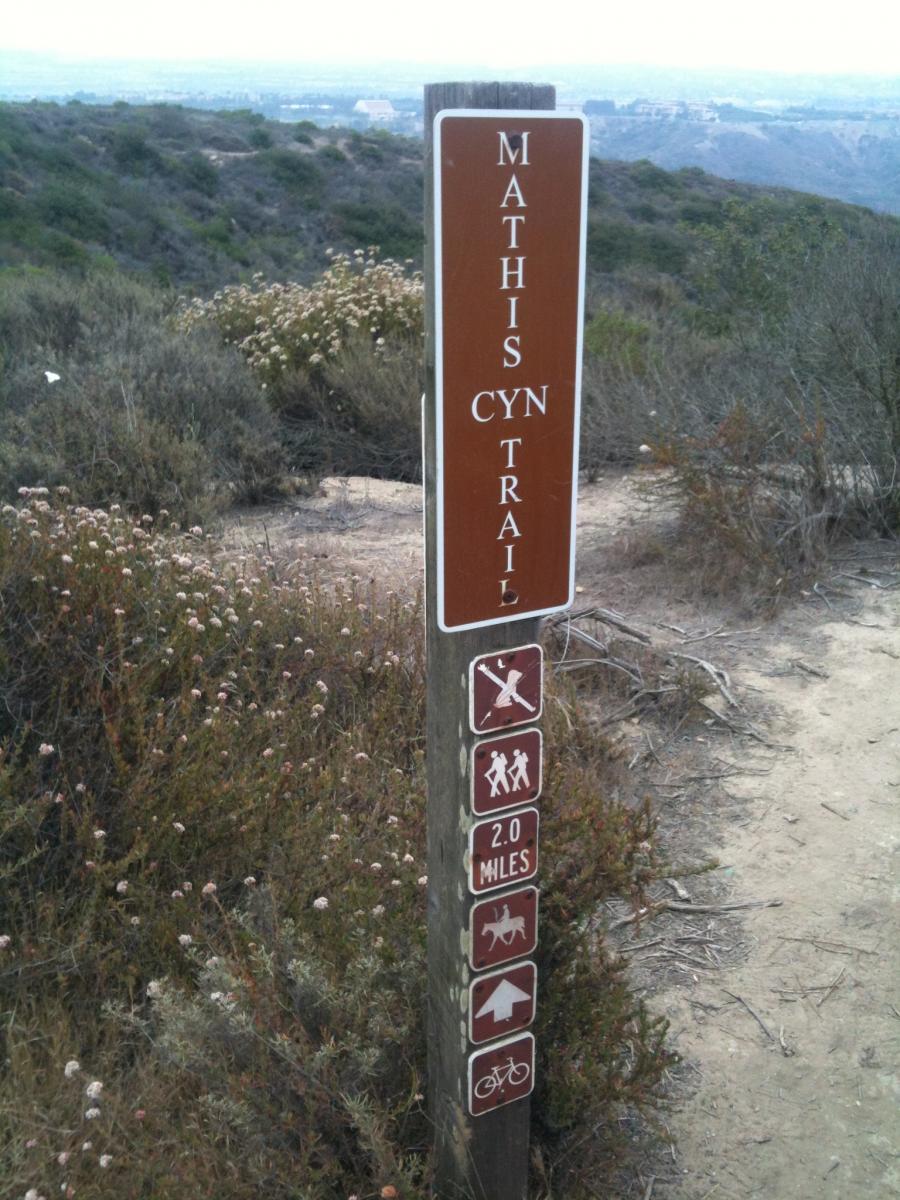 Signpost for Mathis Cyn Trail displaying trail name, distance (2.0 miles), and icons for allowed activities such as hiking, biking, and horseback riding, surrounded by natural vegetation. Mathis Canyon mountain bike trail.
