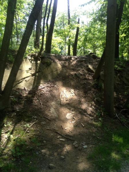 A sunlit dirt path leading up a small hill, surrounded by trees and greenery. The incline is partially covered in loose soil and small rocks, with sunlight filtering through the leaves above. Sprain Ridge mountain bike trail.