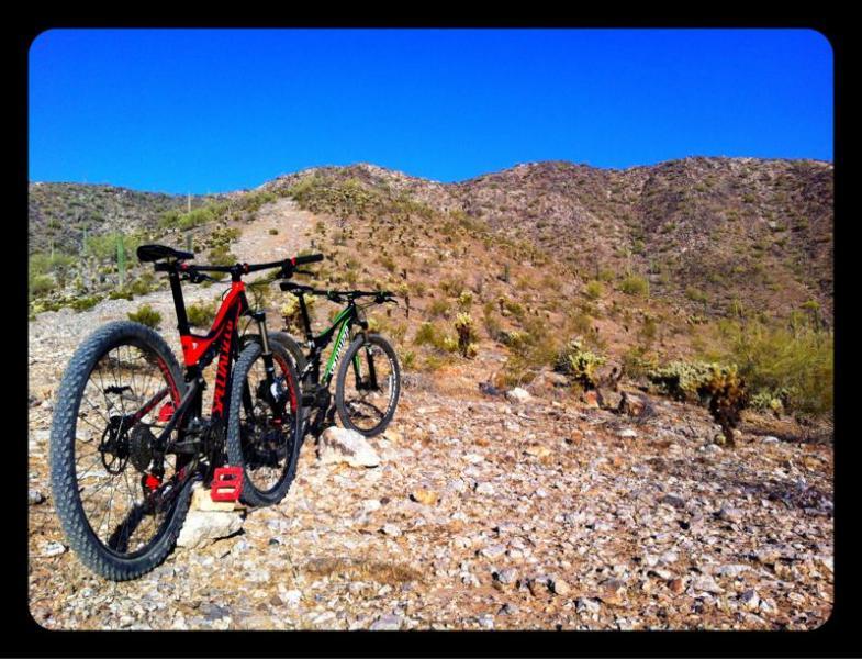 Two mountain bikes, one red and one green, are parked on a rocky trail surrounded by a desert landscape. In the background, rolling hills are visible under a clear blue sky. The terrain features sparse vegetation, typical of arid regions. Casa Grande Mountain mountain bike trail.