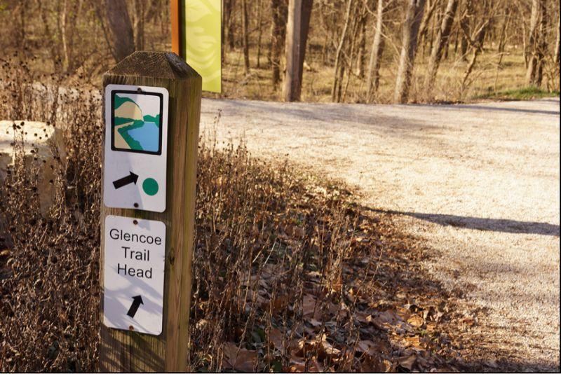 Signpost indicating the Glencoe Trail Head, featuring directional arrows and a map icon, located along a gravel path surrounded by trees and foliage. Al Foster mountain bike trail.