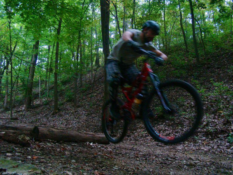 A mountain biker in motion, performing a jump over a log on a forested trail. The scene is surrounded by lush green trees, with dappled light filtering through the leaves. The biker is wearing a helmet and protective gear, showcasing an action-packed moment in outdoor sports. Palos Forest Preserve mountain bike trail.