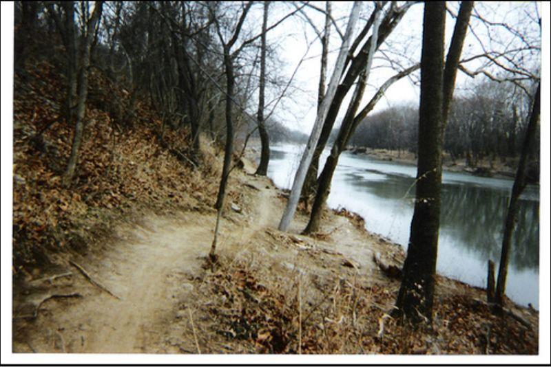 A tranquil riverside scene featuring a narrow dirt path winding alongside a calm river. Leafless trees line the bank, with dry leaves scattered on the ground, creating a serene and slightly overcast atmosphere. River Scene mountain bike trail.