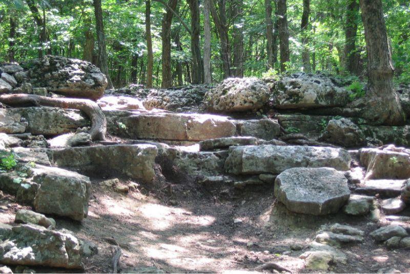 Rocky terrain with large stones and a dirt path, surrounded by lush green trees in a forest setting. Sunlight filters through the foliage, illuminating the uneven steps formed by the rocks. Chubb Trail mountain bike trail.