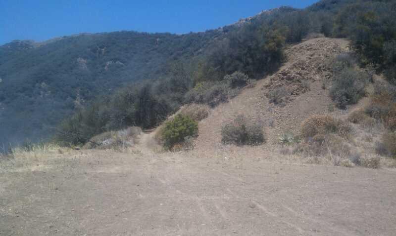 A sandy path leads through a sparse landscape with small bushes and shrubs, surrounded by rolling hills covered in greenery under a clear blue sky. Romero West/Blair Witch mountain bike trail.