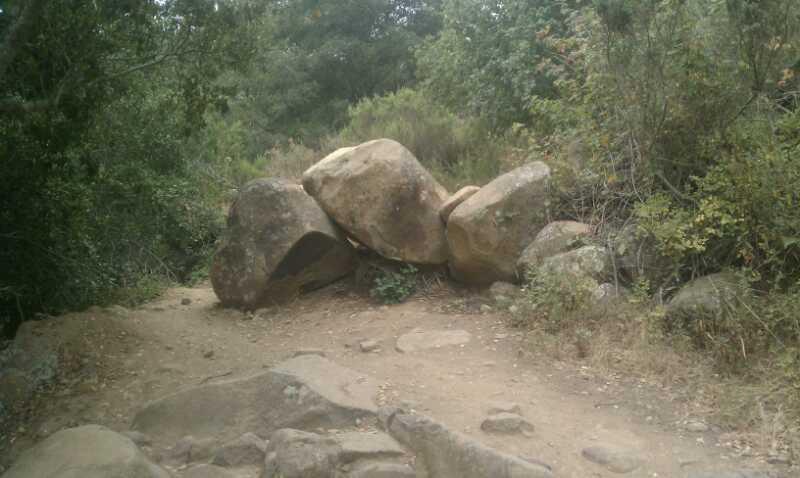 Alt text: A rocky pathway surrounded by green shrubs and trees, featuring a large cluster of boulders on one side and uneven terrain. Madonna Mountain: Rock Garden mountain bike trail.
