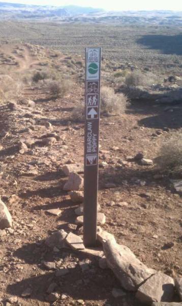 A trail sign indicating the direction for the Bergview Poppy trail, featuring symbols for hiking and biking. The sign is surrounded by rocky terrain and sparse vegetation, with a wide, open landscape visible in the background. Bearclaw Poppy mountain bike trail.