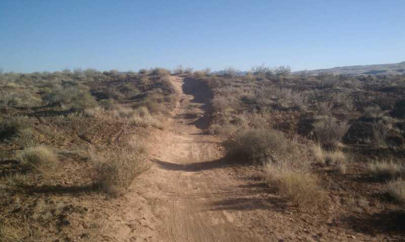 A dirt path leads through a desert landscape with sparse vegetation, rolling hills, and clear blue skies. The trail appears well-worn, winding upwards toward a hill in the distance. Bearclaw Poppy mountain bike trail.
