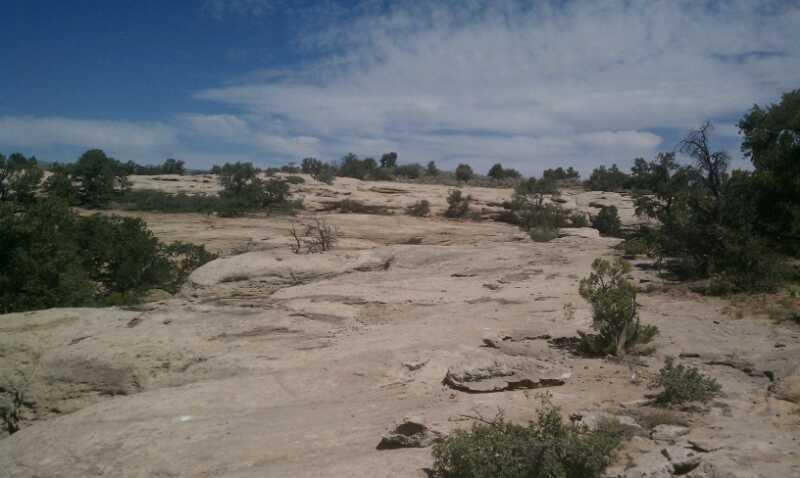 A wide, rocky landscape under a partly cloudy blue sky, featuring a mix of flat rock surfaces and scattered vegetation, including small trees and shrubs. The terrain appears arid and natural, with a sense of openness and vastness. Gooseberry Mesa mountain bike trail.