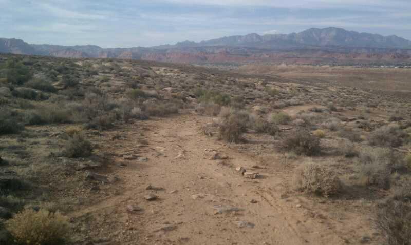 A dirt path winding through a desert landscape, surrounded by scattered shrubs and rocky terrain, with distant mountains visible under a partly cloudy sky. Barrel Roll mountain bike trail.