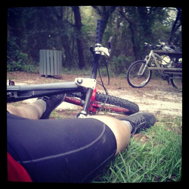 Specialized Enduro Elite: A close-up view of a cyclist lying on the ground beside a fallen mountain bike in a wooded area. The cyclist is wearing black shorts and sneakers, with a partially visible red shirt. A second bicycle is parked in the background, and there are trees and foliage surrounding the scene.