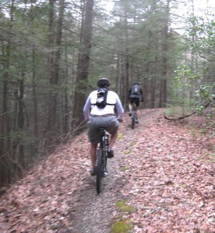 Two cyclists riding on a narrow dirt trail through a dense forest. The ground is covered with fallen leaves, and tall trees line the path. One cyclist is wearing a light shirt and a backpack, while the other cyclist is in darker clothing, both focused on the trail ahead. Tanasi Trail System mountain bike trail.