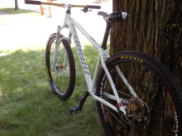 Niner EMD 9: A white mountain bike propped against a tree, featuring black and yellow tires. The bike has distinctive handlebars and a sleek design suitable for off-road cycling. The setting includes grass and a blurred background showing a pathway.