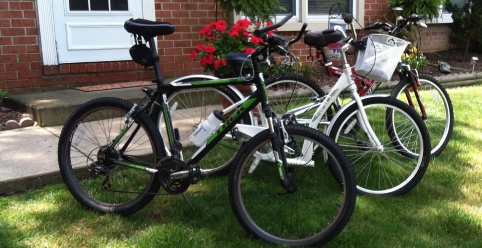 Trek 3500: Three bicycles parked on a grassy area in front of a brick house. The bikes include a black and green mountain bike, a white bike with a front basket, and a red bike. Colorful flowers are visible in the background, adding to the vibrant outdoor setting.
