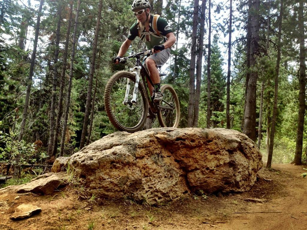 A mountain biker in a helmet and protective gear leaps off a large rock on a forest trail, surrounded by tall trees and greenery. Tiddlywinks mountain bike trail.