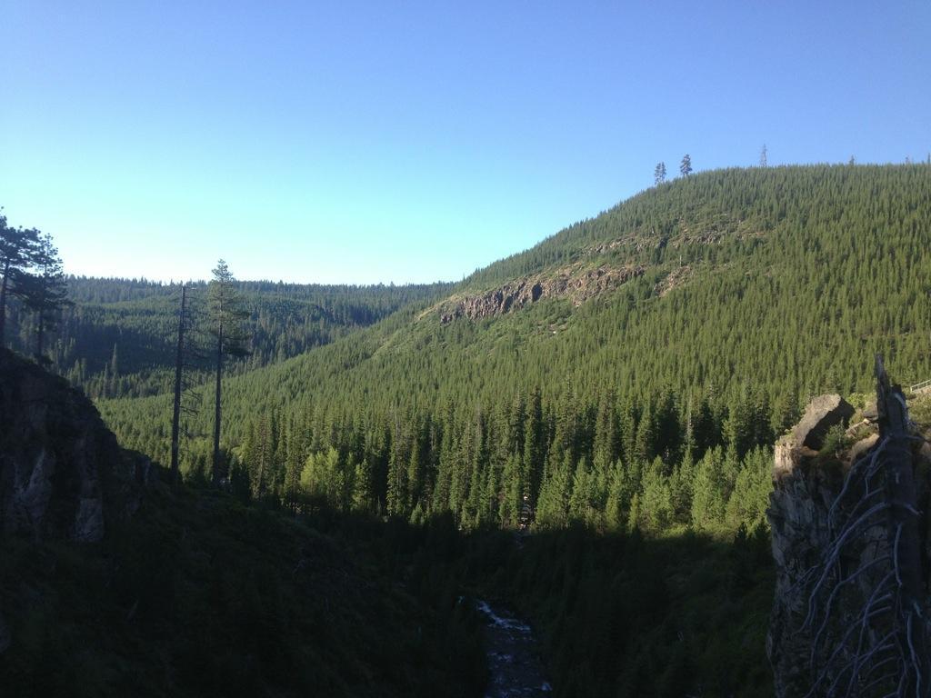 A scenic view of a lush green valley surrounded by dense forests and rolling hills under a clear blue sky. A river can be seen flowing through the valley, highlighting the natural landscape. North Fork mountain bike trail.